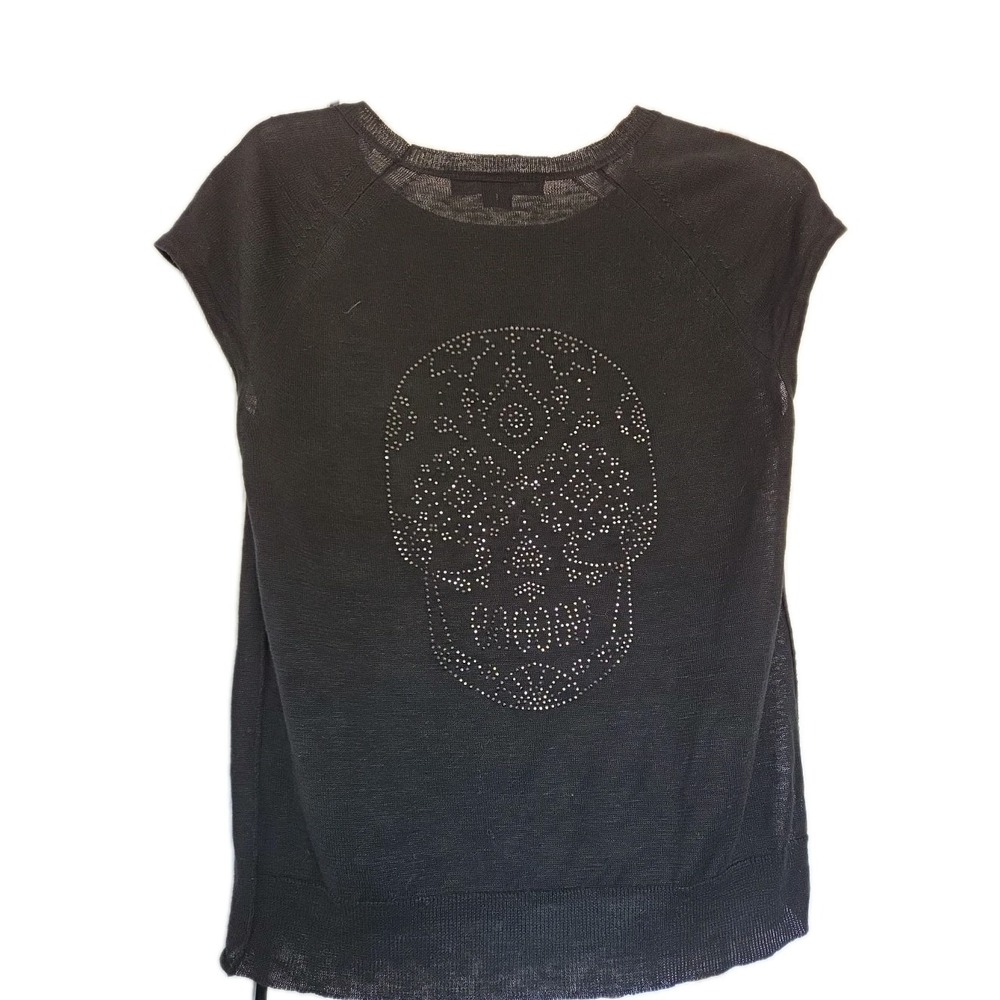 Skull Cashmere   Black  Embellished Skull Print Linen Short Sleeve Shirt Top‎ XS